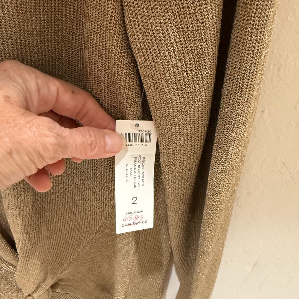 Chico's Tan/gold Knit Pullover with twist tie in front - Picture 3 of 6